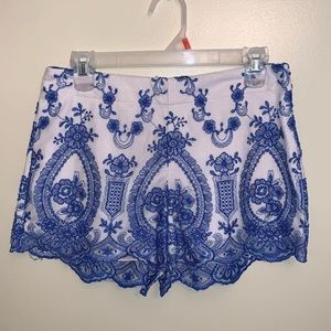 Francesca’s Indigo Lace Hi-waisted Dress Shorts